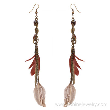 Long Feather Earrings With Peace Charms Pendant Earrings